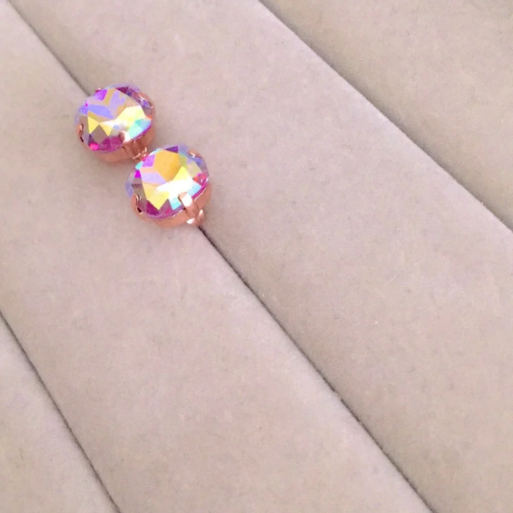 Violet Aurora Borealis + Rose Gold Cushion Cut Crystal Earrings